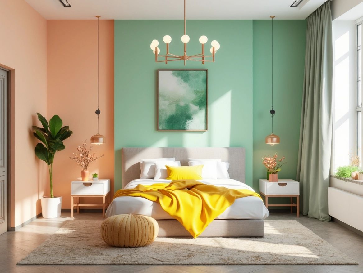 Contemporary Bedroom with Mint, Yellow & Peach Tones