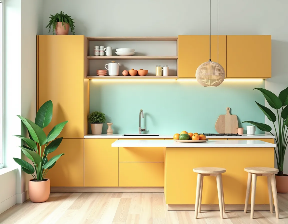 Contemporary Dining Room: Mint, Yellow & Peach Elegance