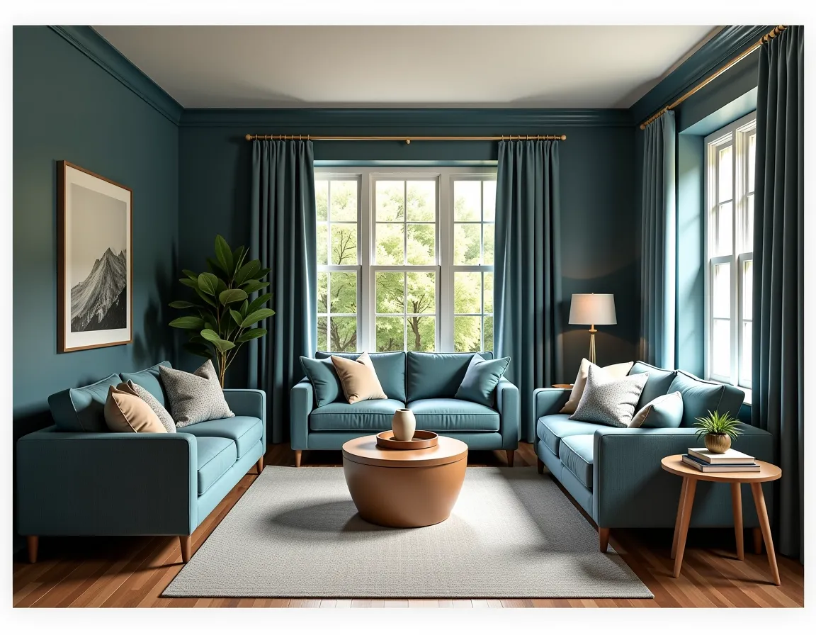 Traditional Basement Retreat: Cozy Slate Blue & Teal Design