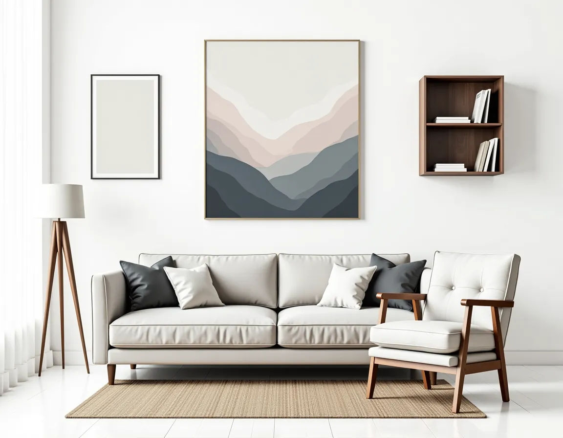 Scandinavian Living Room: A Harmony of Grey Hues & Art