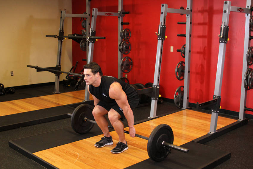 Barbell Hack Squat — starting position, working the quads