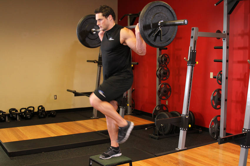 Barbell Step Ups — end position, working the quads