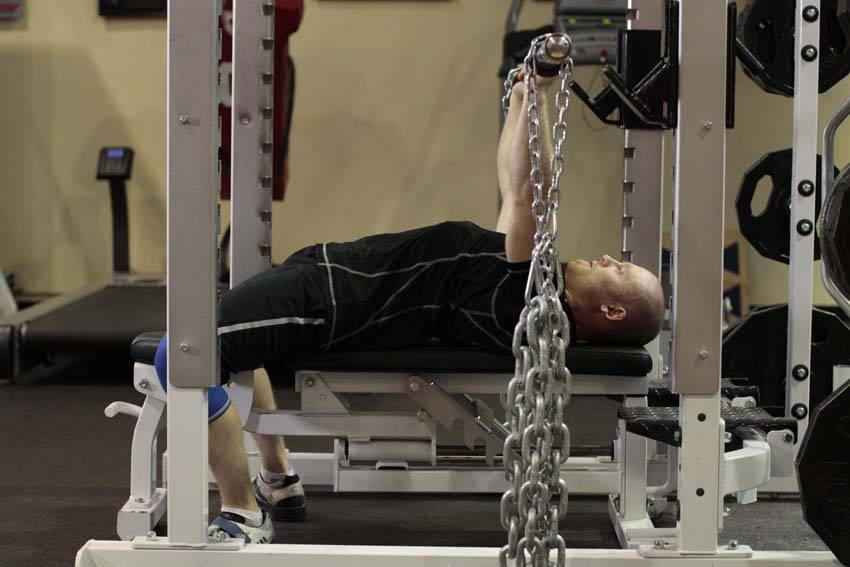 Bench Press with Chains — starting position, working the triceps
