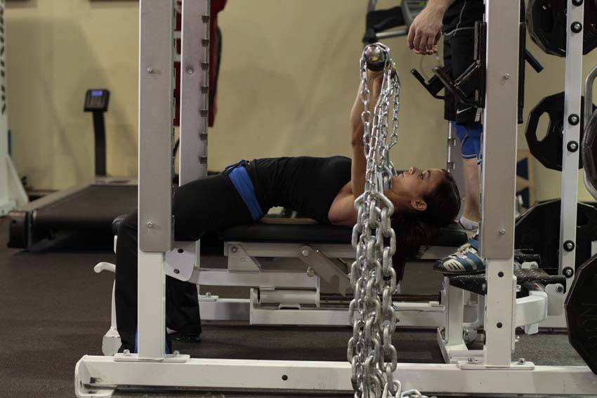 Bench Press with Chains — end position, working the triceps