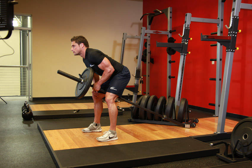 Bent Over One-Arm Long Bar Row — end position, working the middle back
