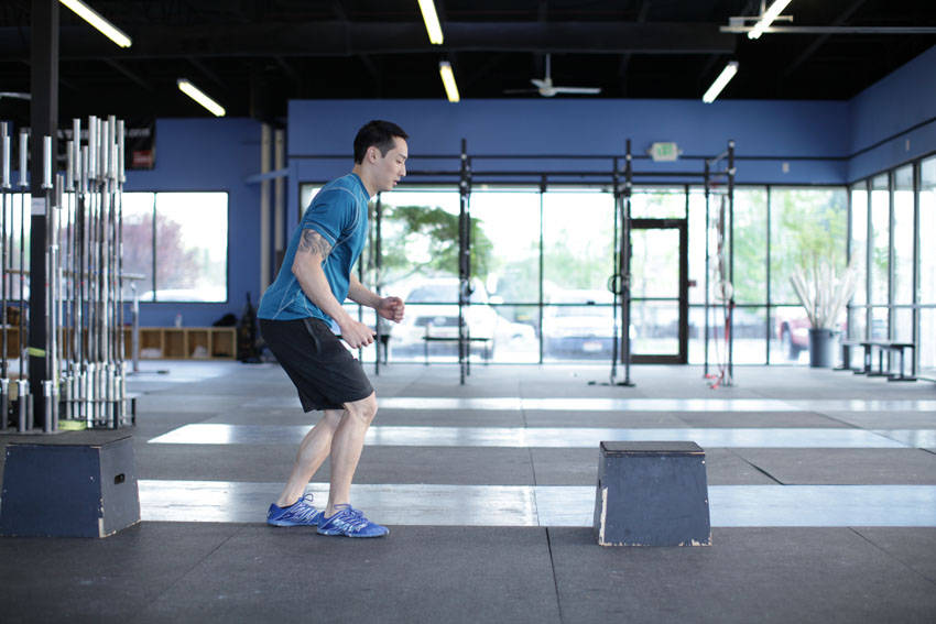 Box Skip — end position, working the hamstrings
