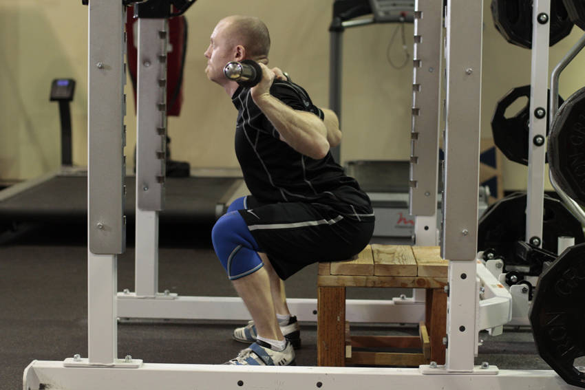 Box Squat — end position, working the quads