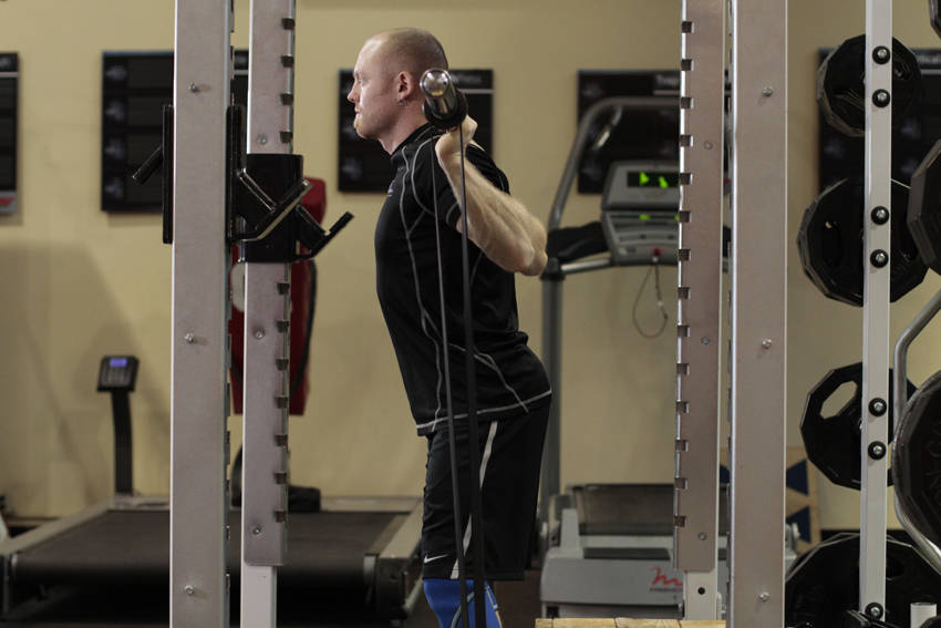 Box Squat with Bands — starting position, working the quads
