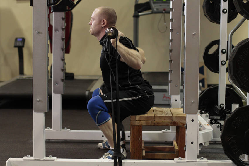 Box Squat with Bands — end position, working the quads