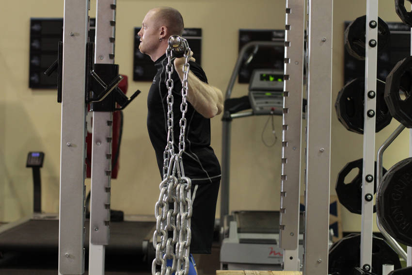 Box Squat with Chains — starting position, working the quads