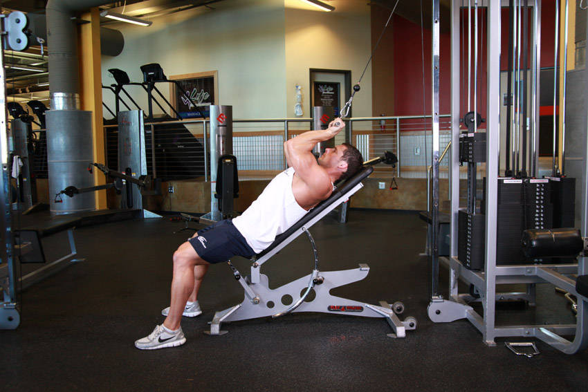 Cable Incline Triceps Extension — starting position, working the triceps