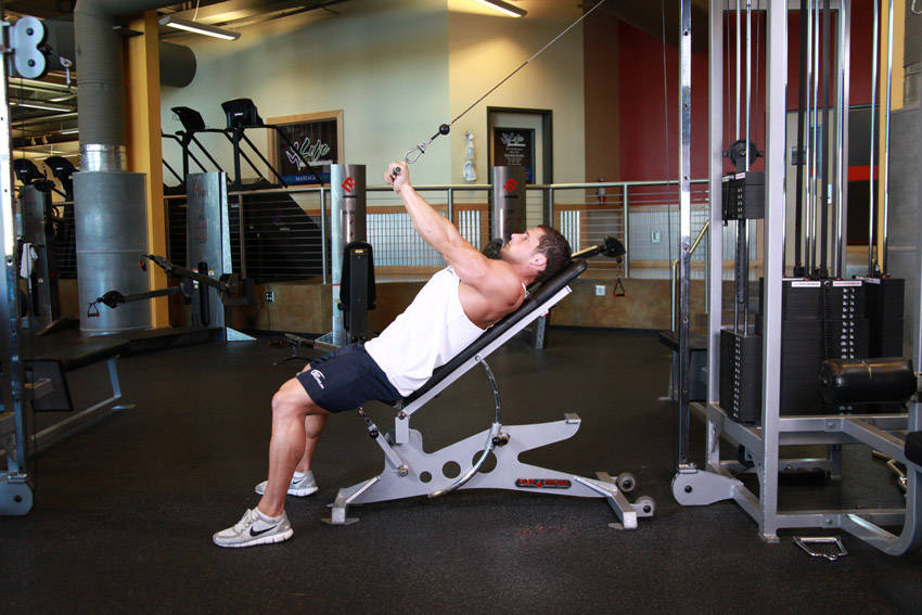 Cable Incline Triceps Extension — end position, working the triceps