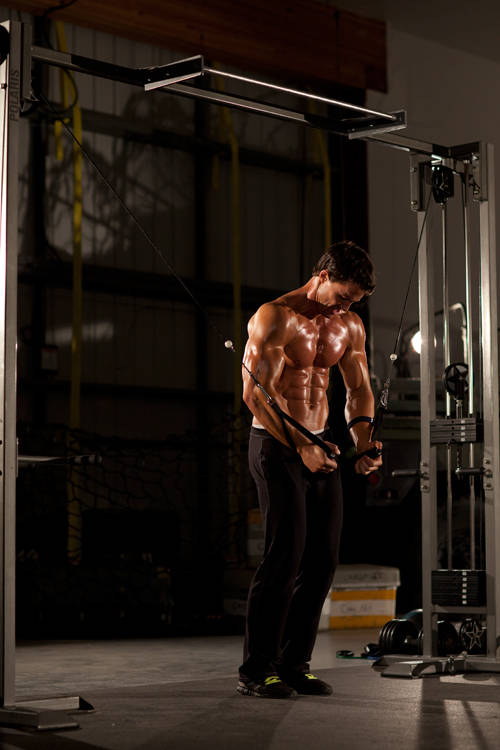 Cable Iron Cross — end position, working the chest