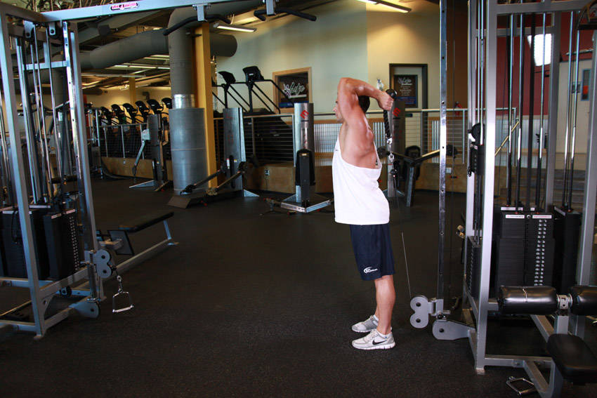 Cable Rope Overhead Triceps Extension — starting position, working the triceps
