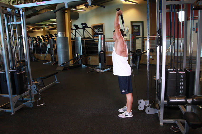 Cable Rope Overhead Triceps Extension — end position, working the triceps
