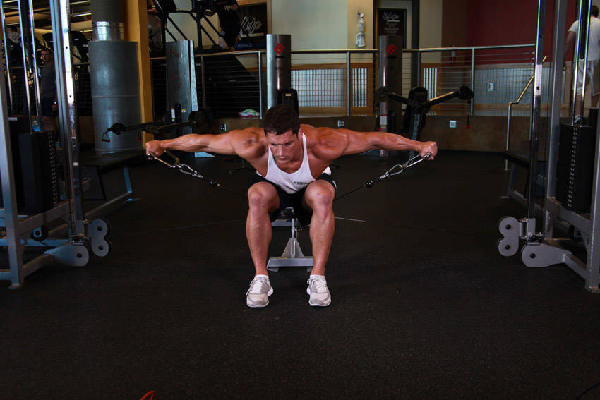 Cable Seated Lateral Raise — end position, working the shoulders