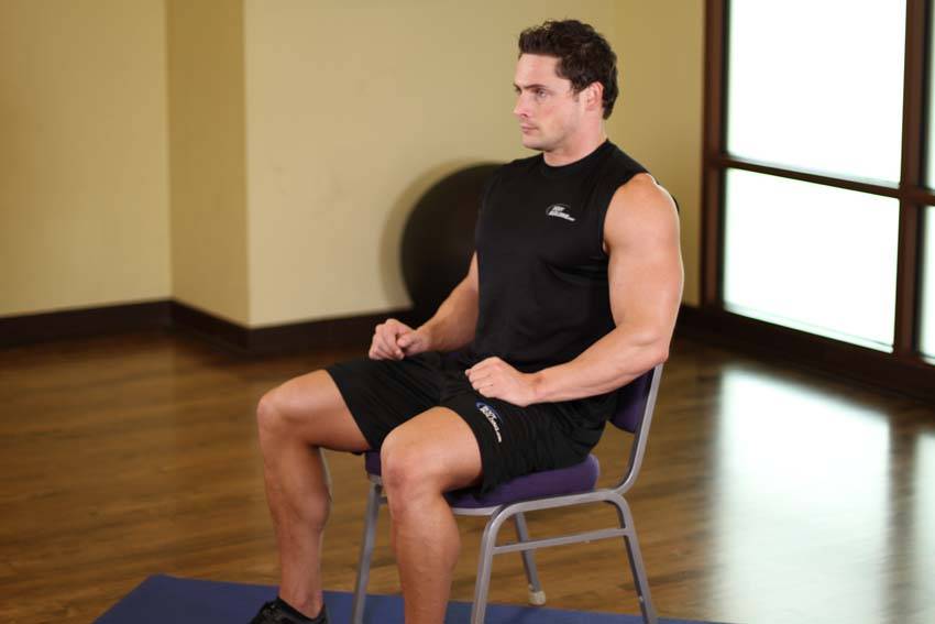 Chair Upper Body Stretch — starting position, working the shoulders