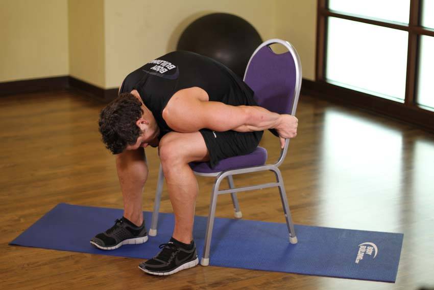 Chair Upper Body Stretch — end position, working the shoulders