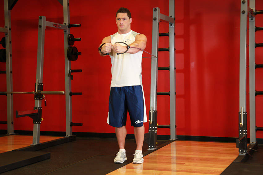 Cross Over - With Bands — end position, working the chest