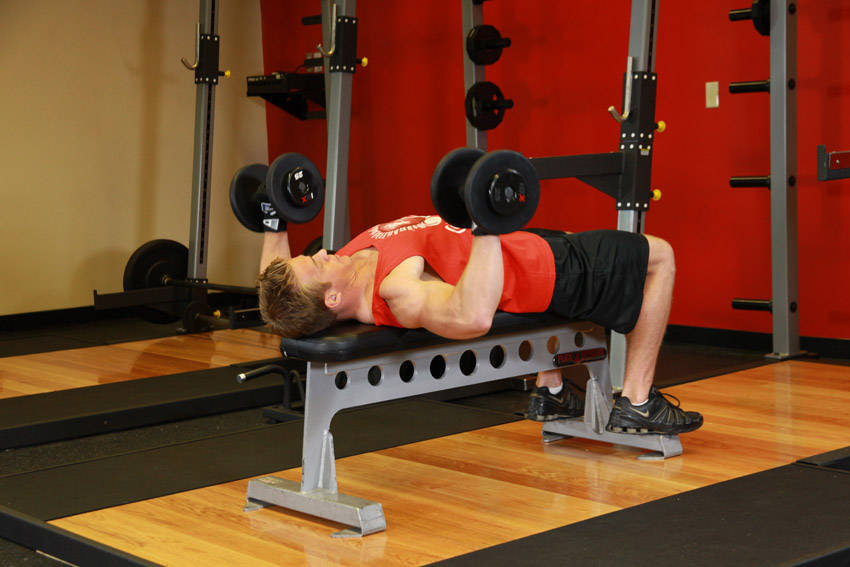 Dumbbell Bench Press — starting position, working the chest