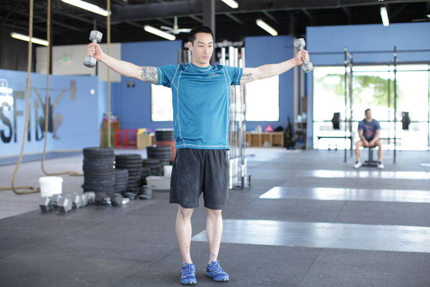 Dumbbell Scaption — end position, working the shoulders