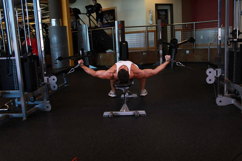 Flat Bench Cable Flyes — starting position, working the chest
