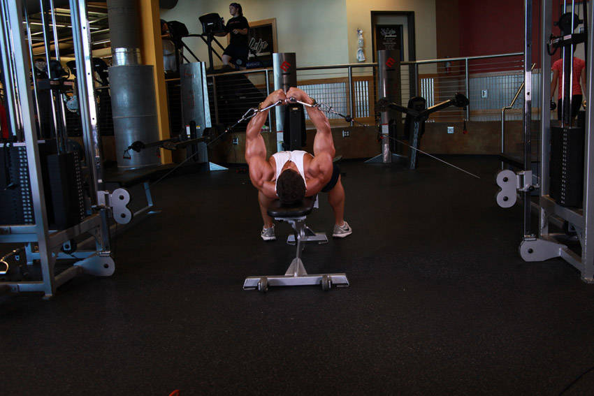 Flat Bench Cable Flyes — end position, working the chest