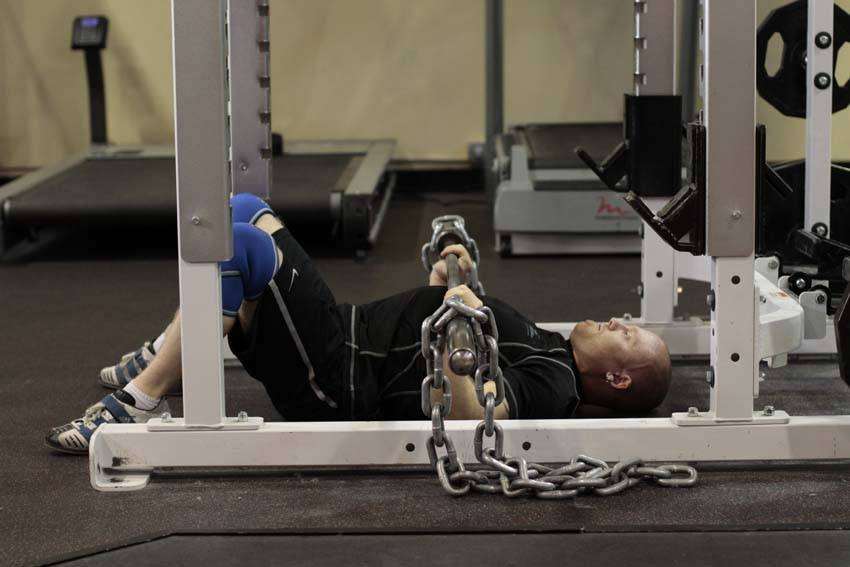 Floor Press with Chains — end position, working the triceps