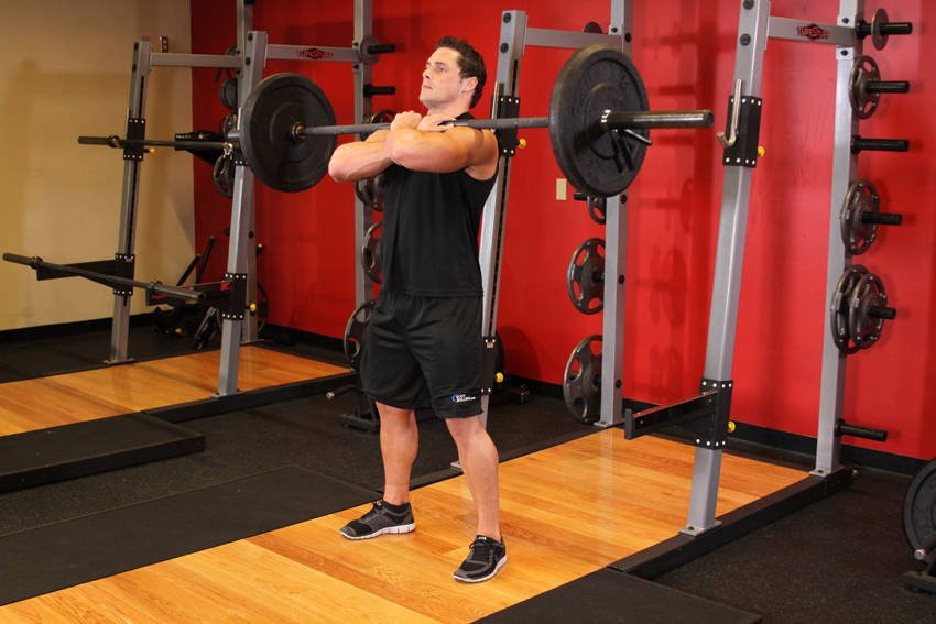 Front Barbell Squat — starting position, working the quads