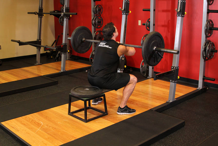 Front Barbell Squat To A Bench — end position, working the quads
