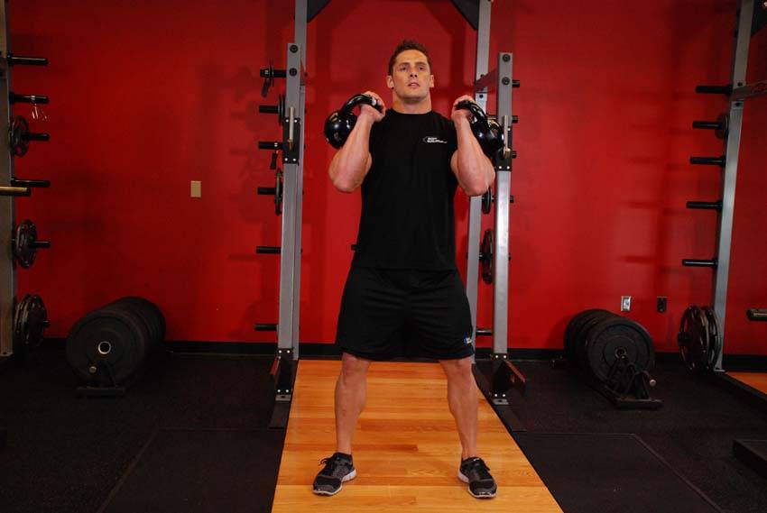 Front Squats With Two Kettlebells — starting position, working the quads