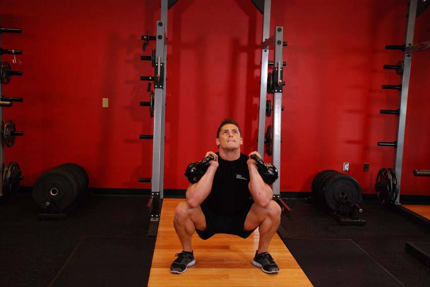 Front Squats With Two Kettlebells — end position, working the quads