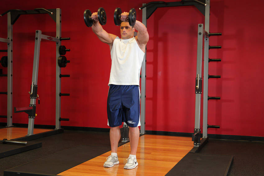 Front Two-Dumbbell Raise — end position, working the shoulders