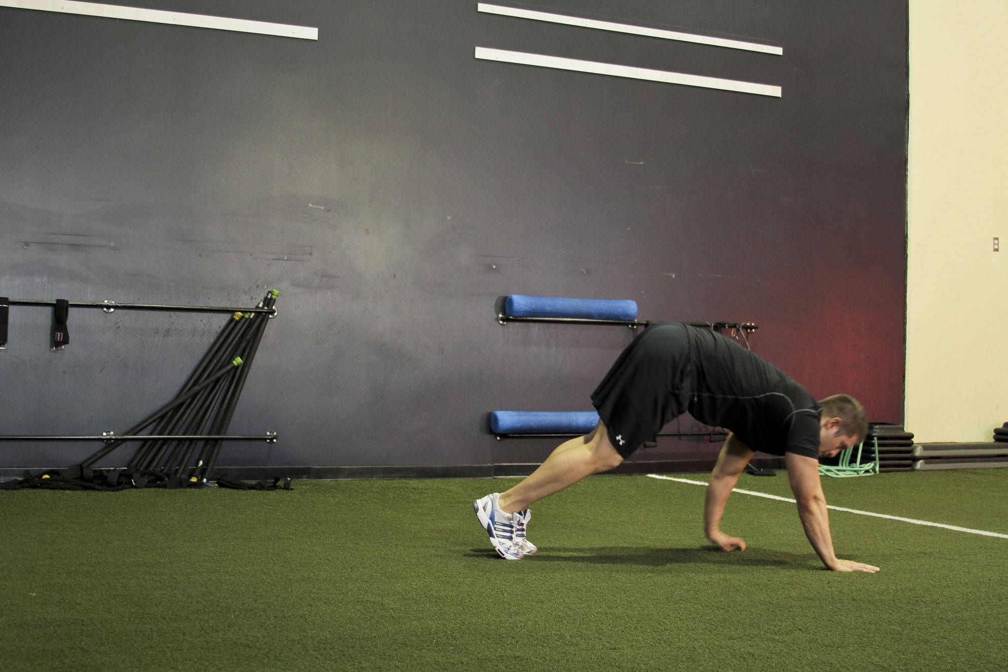 Inchworm — end position, working the hamstrings