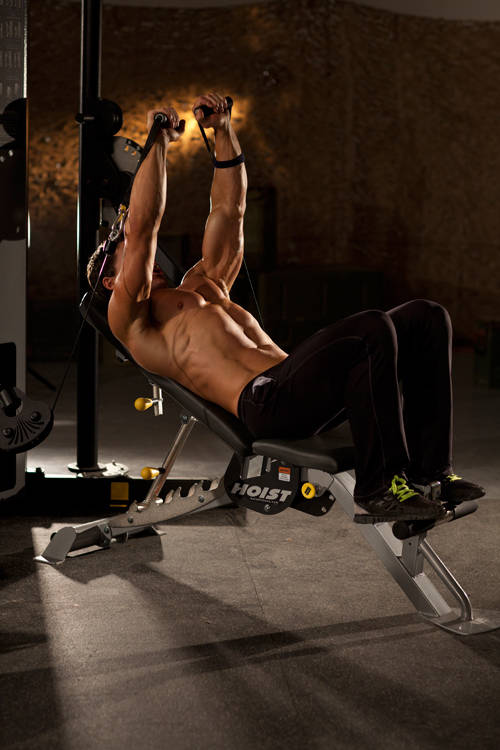 Incline Cable Chest Press — end position, working the chest