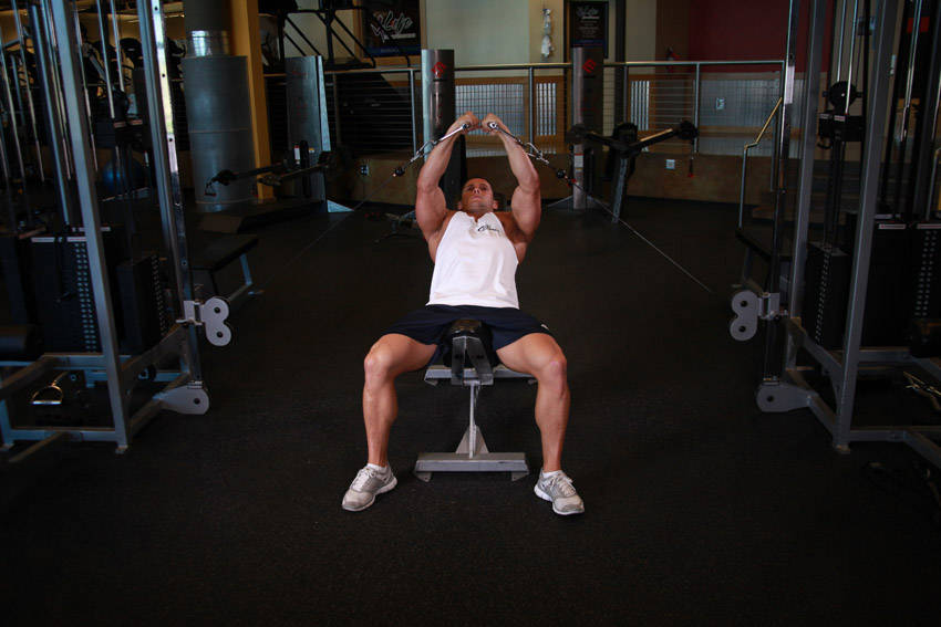 Incline Cable Flye — end position, working the chest