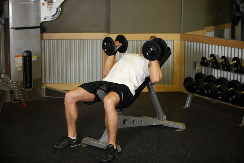Incline Dumbbell Bench With Palms Facing In — end position, working the chest