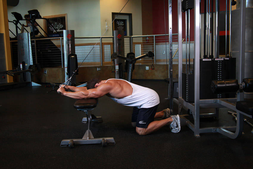 Kneeling Cable Triceps Extension — end position, working the triceps