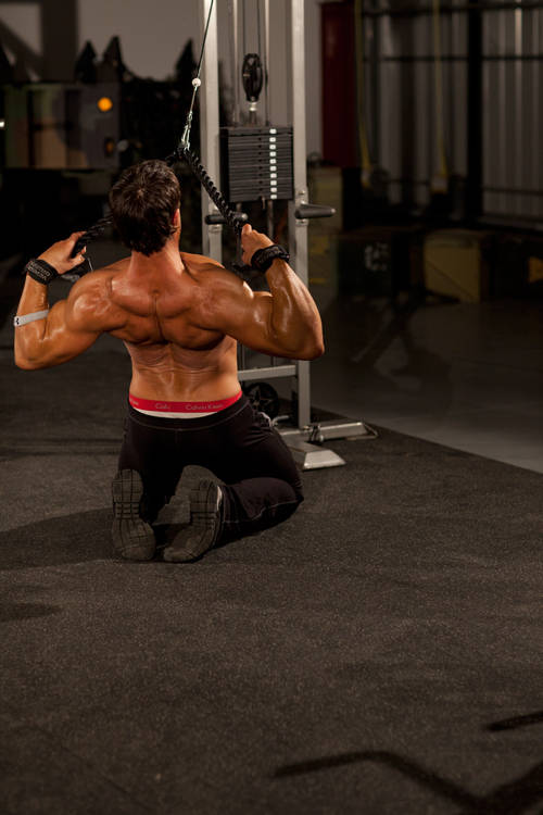 Kneeling High Pulley Row — end position, working the lats