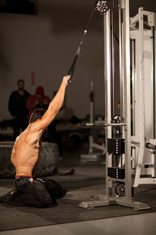 Kneeling Single-Arm High Pulley Row — starting position, working the lats