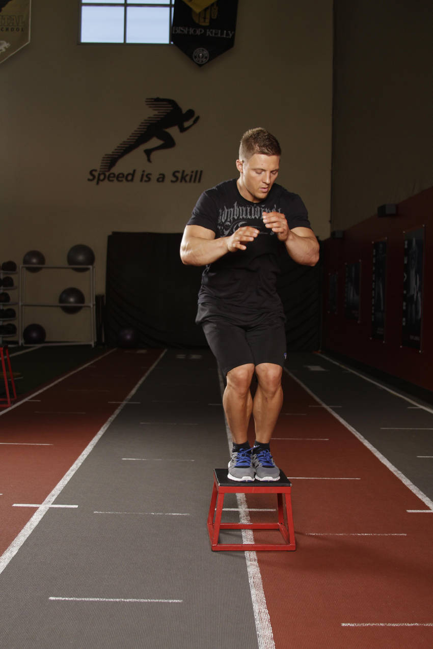Lateral Box Jump — end position, working the adductors
