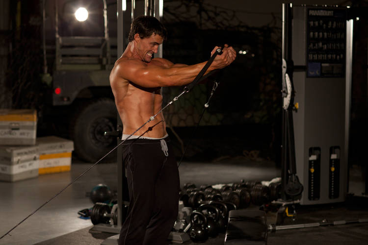 Low Cable Crossover — end position, working the chest