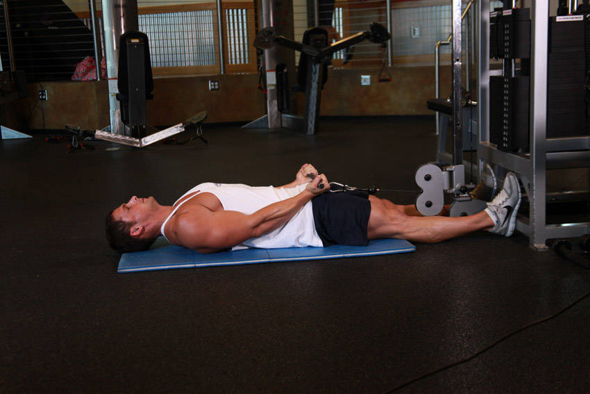 Lying Cable Curl — starting position, working the biceps