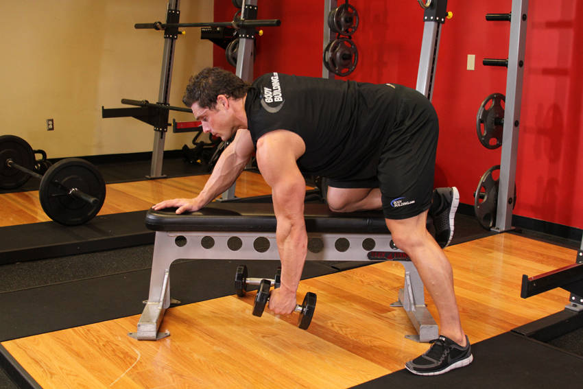 One-Arm Dumbbell Row — starting position, working the middle back