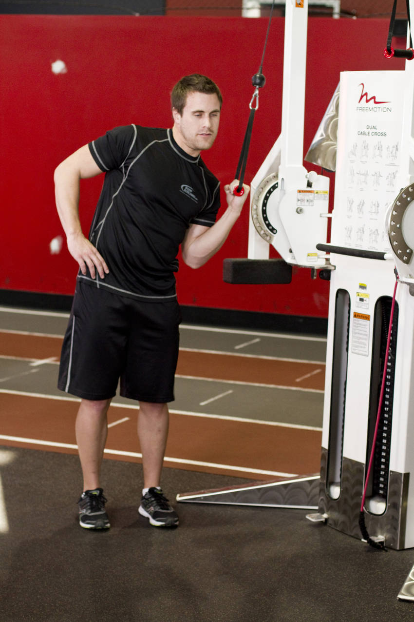 One-Arm High-Pulley Cable Side Bends — end position, working the abs