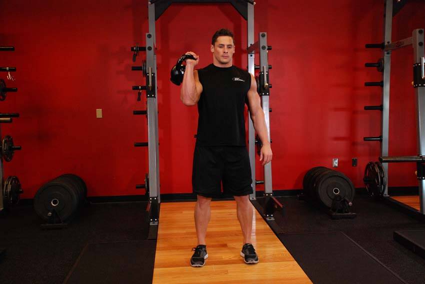 One-Arm Kettlebell Split Jerk — starting position, working the shoulders