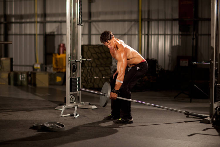 One-Arm Long Bar Row — starting position, working the middle back