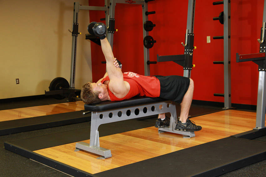 One Arm Supinated Dumbbell Triceps Extension — end position, working the triceps