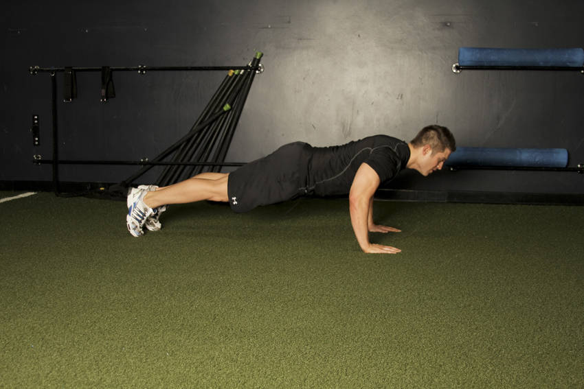 Plyo Push-up — end position, working the chest
