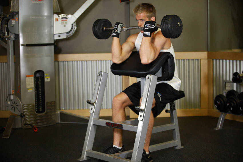 Preacher Curl — end position, working the biceps